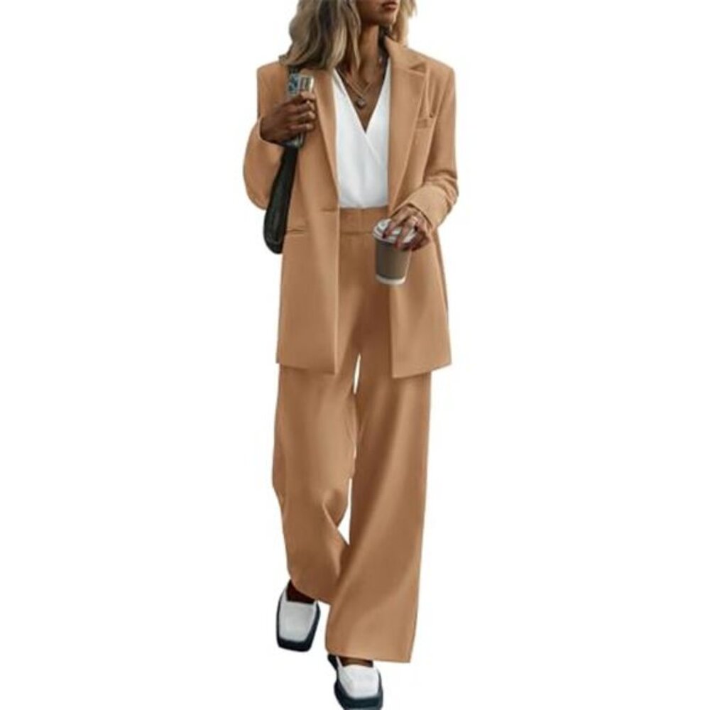 Women's Fall Two Piece Outfits Dressy Blazer Jacket and Wide Leg Pants Pockets